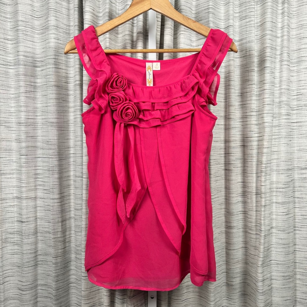Adiva Ruffle Rosette Top Hot Pink Womens Small S Sm Sleeveless Layered EUC